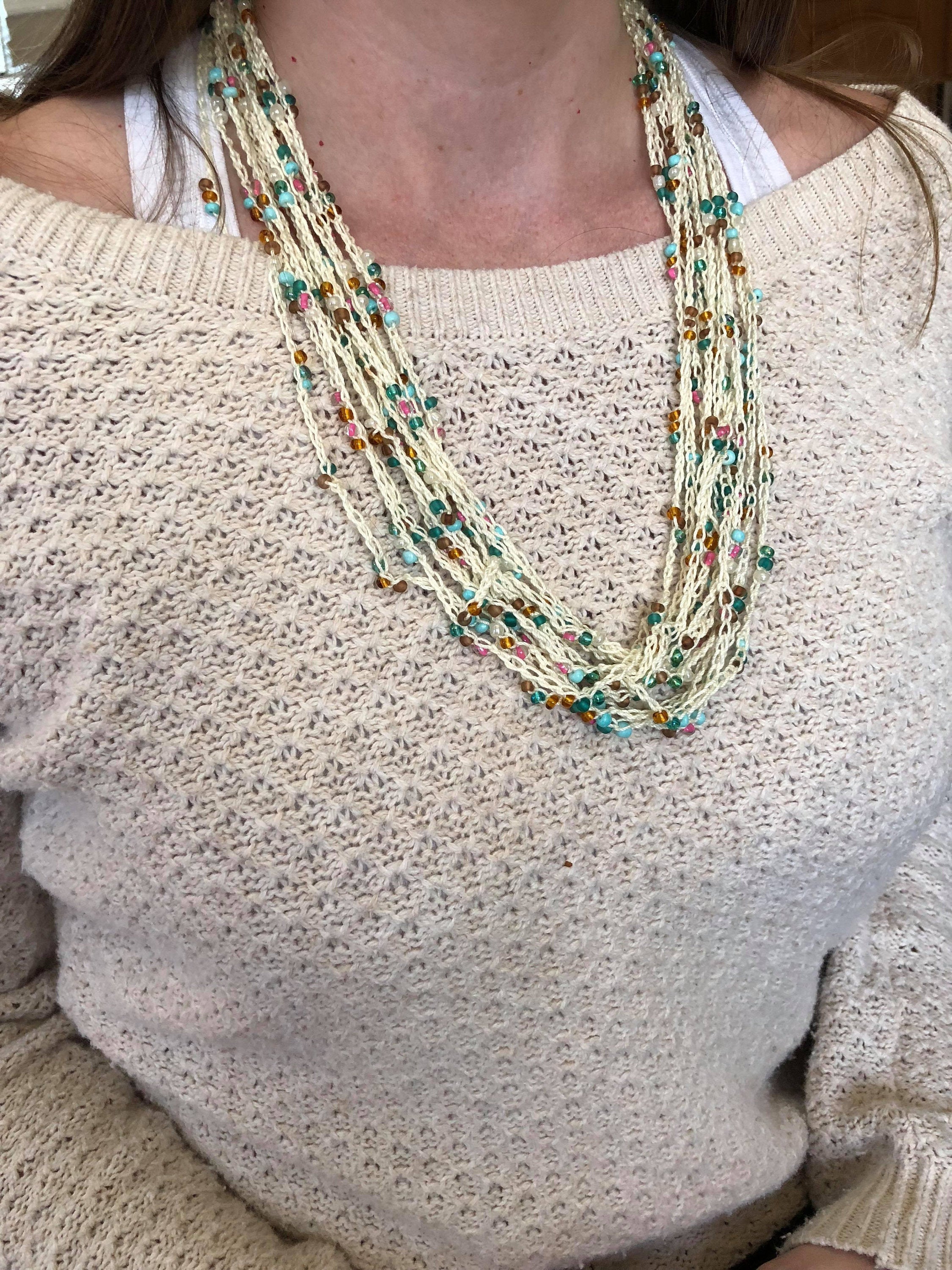 Crochet Layered Chain Necklace - Beaded Crochet Jewelry