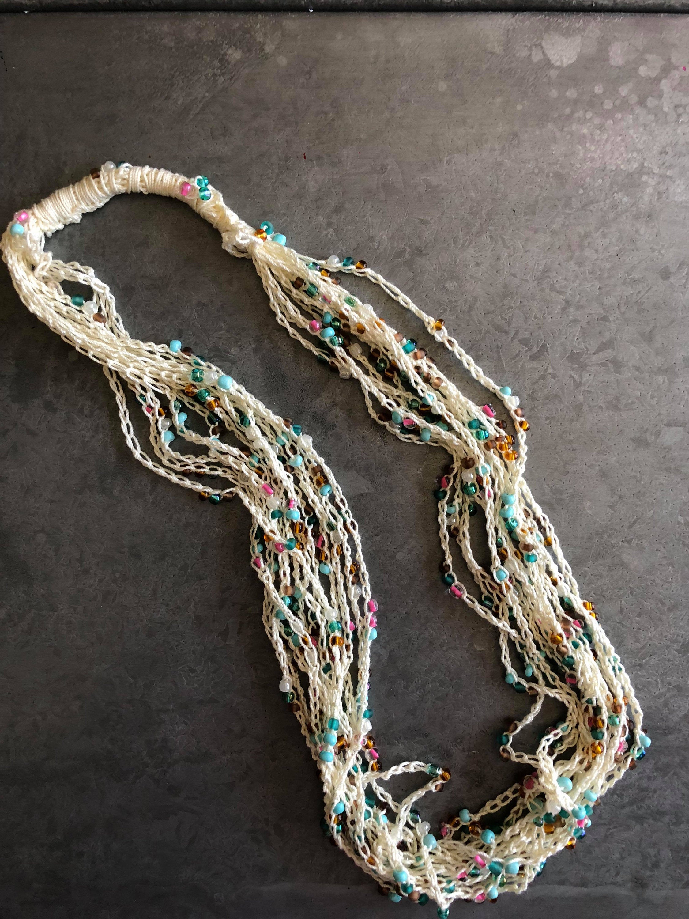 Crochet Layered Chain Necklace - Beaded Crochet Jewelry