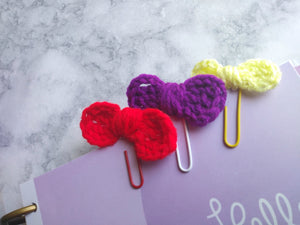 3 Pc Bow Planner Paper Clip Set - Crochet Bow Page Marker - Gift for Planner Lovers - Handmade Bow Bookmarks