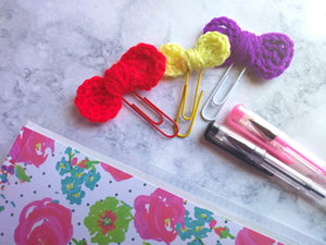 3 Pc Bow Planner Paper Clip Set - Crochet Bow Page Marker - Gift for Planner Lovers - Handmade Bow Bookmarks