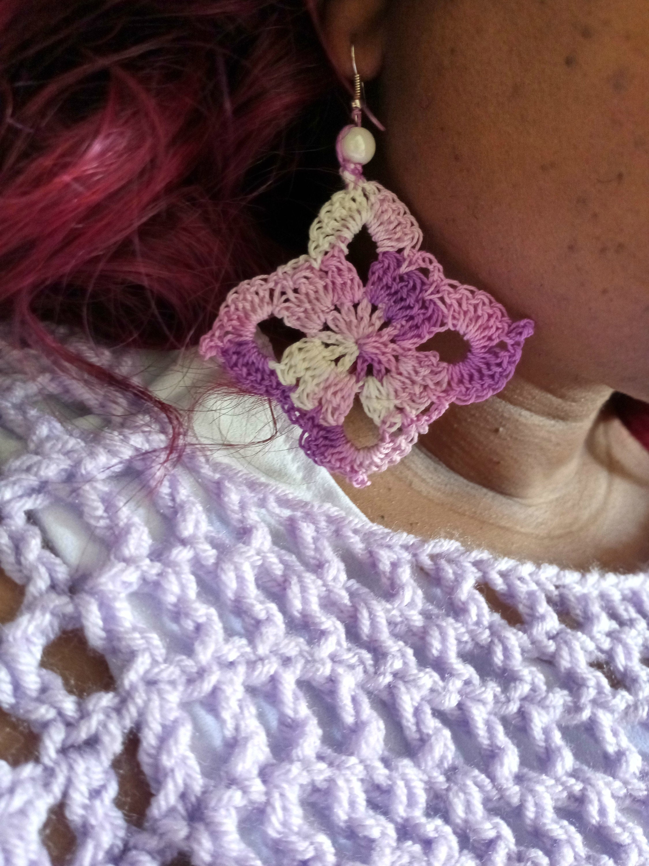 Crochet Earrings - Lace Diamond Shape Earrings - Jewelry Gift for Girlfriend - Statement Jewelry
